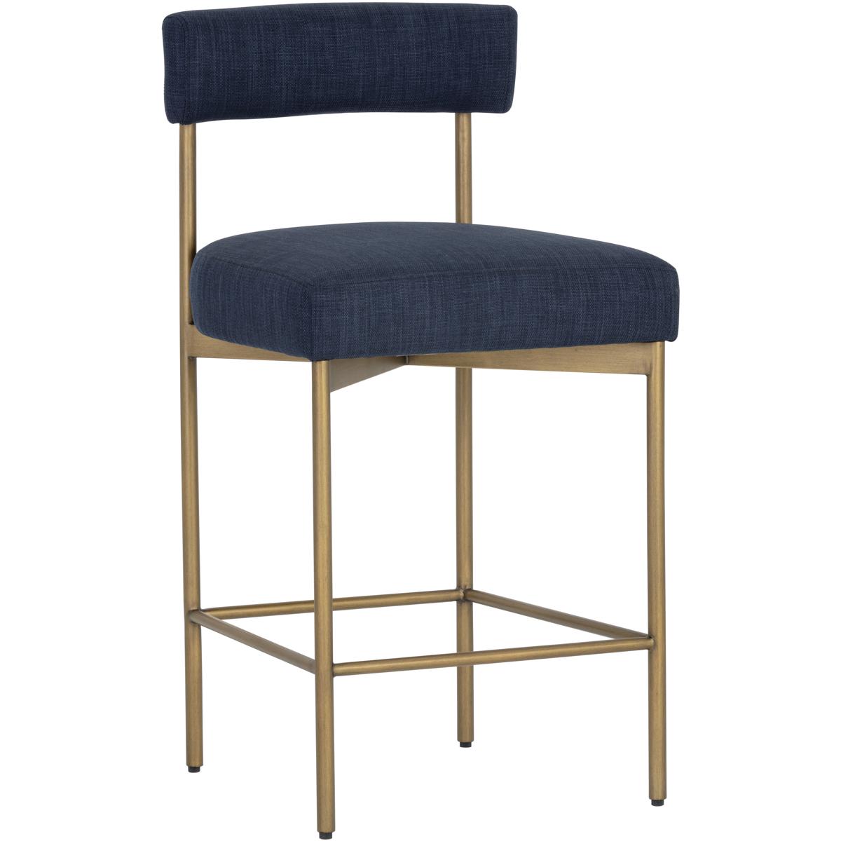 Garrison Industrial Navy Blue Upholstered Antique Brass Steel Counter Stool